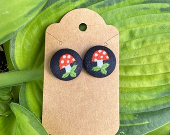 Red Polka Dot Mushroom Vintage Button Earrings