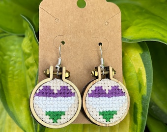 Mini Cross Stitched Gender Queer Pride Flag Charm Earrings