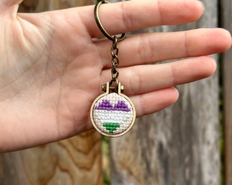 Mini Cross Stitched Gender Queer Pride Flag Heart Charm Keychain