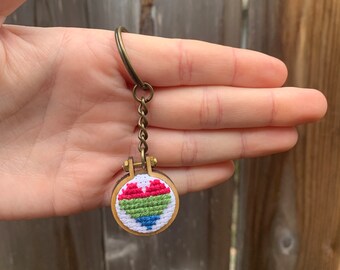 Mini Cross Stitched Poly Pride Flag Heart Charm Keychain