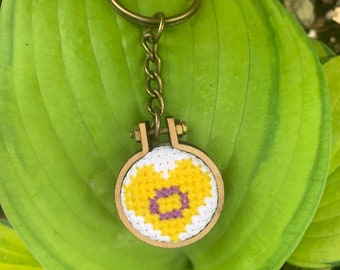 Mini Cross Stitched Intersex Pride Flag Heart Charm Keychain