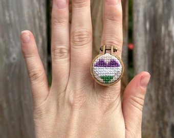 Adjustable Gender Queer Pride Flag Cross Stitched Heart Ring