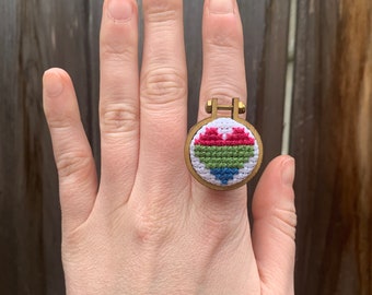 Mini Cross Stitched Poly Pride Flag Heart Adjustable Ring