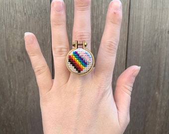 Mini Cross Stitch Adjustable Statement Ring - LGBTQ+ Pride Flag Heart