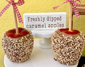 Faux Caramel Apples Set: Fall Tiered Tray Decor with Wood Sign