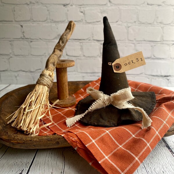 Small Black witch hat, primitive fabric witch hat, fabric witch hat, primitive halloween decor, handmade witch hat, handmade Halloween decor