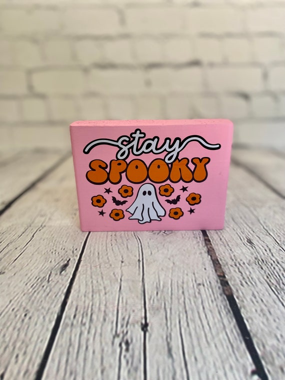 Pink Halloween Tiered Tray Sign: 'Stay Spooky' Hand-Painted Wood Decor