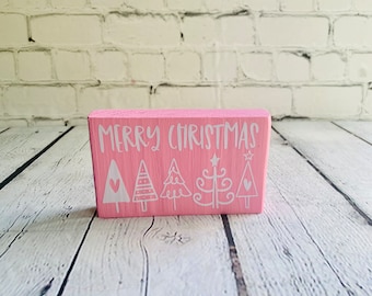 Pink Merry Christmas Sign, Christmas pink Wood Block Sign, Farmhouse Christmas Decor Set, pink decor Christmas, pink Christmas Tiered Tray