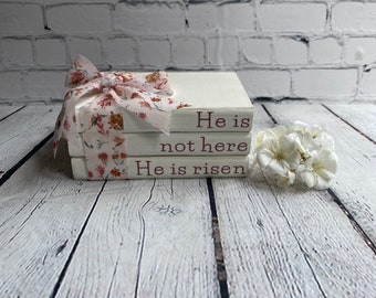 Spring Decor, he is not here he is risen, spring Wood Faux Book Stack, spring book stack, spring wood decor he is risen Easter Decor