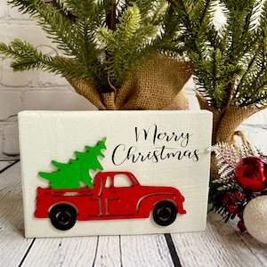 Red truck Merry Christmas wood sign, Christmad tiered tray decor, tiered tray signs, holiday shelf sitter, farmhouse Christmas
