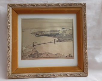 R.G. Smith Gold Foil Etching; DC-9 Over San Francisco