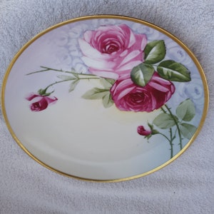 May include: A white porcelain plate with a gold rim features a hand-painted design of pink and red roses with green leaves and stems.