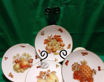 4 Vintage Debra Bavaria 7 3/4" Gold Rimmed Fruit Plates; Apples/Acorns; Pineapples/ Strawberries; Grapes/Walnuts; Pears/Acorns
