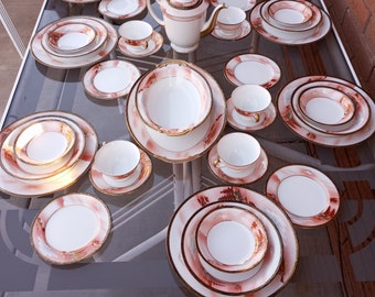 Vintage Hayasi 55 Piece Dinner and Tea China Set-8- 6 Piece Settings Hand-Painted Rural Scene