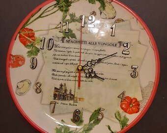 Repurposed 8 1/2" Clock; Williams-Sonoma Salad Desert China Plate; Spaghetti Alle Vongole