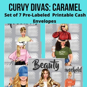 Pode incluir: Conjunto de sete envelopes de dinheiro imprimíveis com ilustrações de mulheres com diferentes citações. Os envelopes são etiquetados com as palavras "Beleza", "Casa", "Mimada", "Briga de gatos", "Primeiro o café", "Dinheiro rápido" e "Faça-se um mimo".