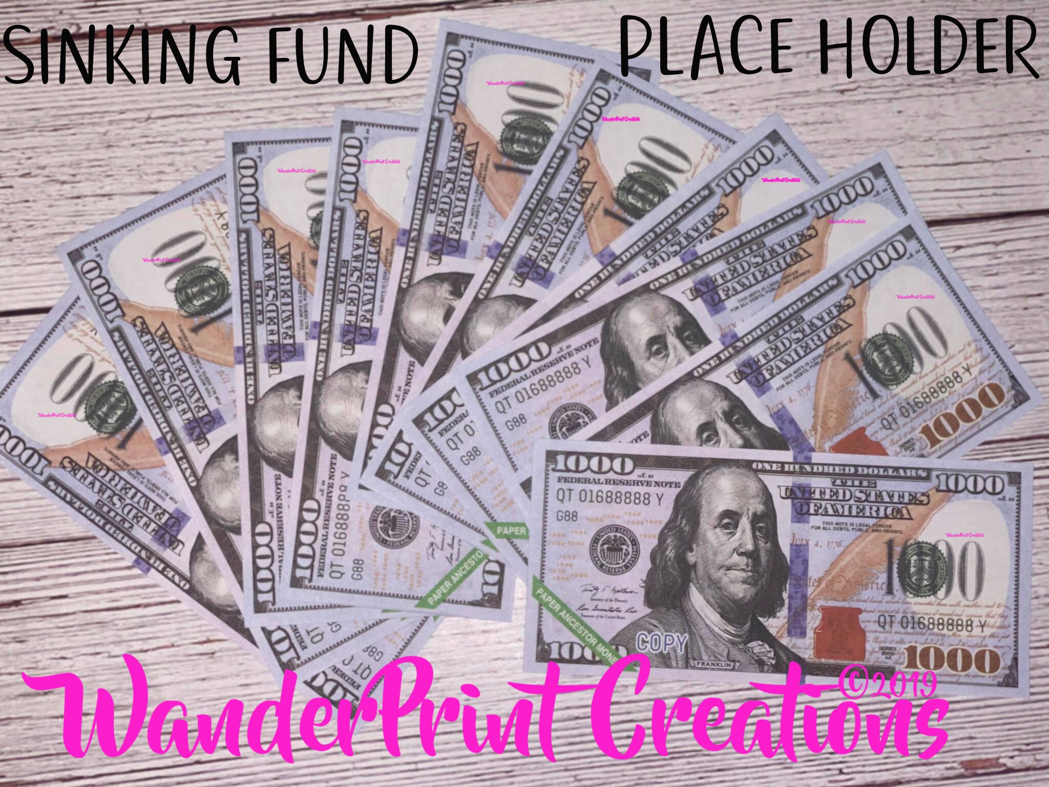 SINKING FUND PLACEHOLDER  1000 ( 1k) Money Slips Set of 10