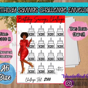 300 DOLLAR BIRTHDAY SAVINGS Challenge  Envelope A6 sized Envelope & Savings Tracker