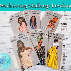 52 Week Savings Challenge Cash Envelopes set (6) EBONY Set 2 Melanated Divas