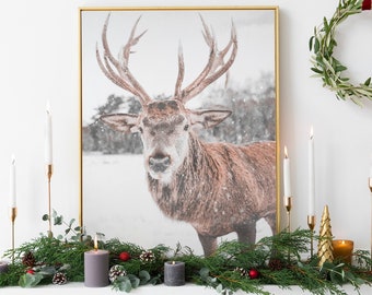 Reindeer Christmas Printable, Winter Landscape Wall Art, Art Print Poster, Winter Scene Print, Scandinavian, Nordic Christmas Printable