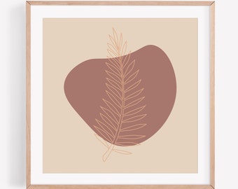 May include: Abstract art print featuring a beige background with a large, muted mauve shape and a delicate, linear drawing of a fern. The artwork is framed in a light wood frame, suitable for home decor.