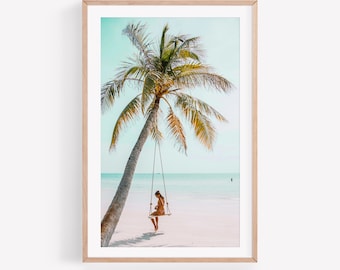 Beach Wall Art Print, White Palm Tree Printable Costal Art Prints Landscape Poster Wall Art, Decor for Bedroom for Teen Girl  Pink