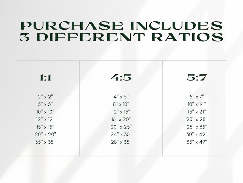 K&ouml;nnte beinhalten: Eine wei&szlig;e Grafik mit dem Text "PURCHASE INCLUDES 3 DIFFERENT RATIOS". Das Bild listet verschiedene Druckgr&ouml;&szlig;en in den Verh&auml;ltnissen 1:1, 4:5 und 5:7 auf, darunter 5 cm x 5 cm, 10 cm x 13 cm und 13 cm x 18 cm.