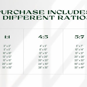 以下が含まれることがあります： 「PURCHASE INCLUDES 3 DIFFERENT RATIOS」と書かれた濃い緑色のテキストが入った白いグラフィック。 下には、5 cm x 5 cm、12.7 cm x 17.8 cm、88.9 cm x 124.5 cmなど、さまざまなアスペクト比と対応する寸法（cm）が記載された3つの列があります。