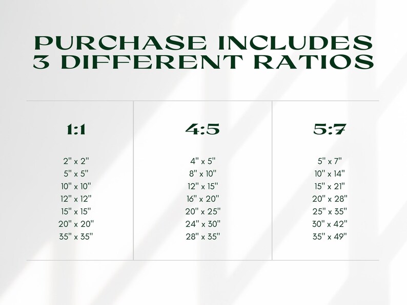 以下が含まれることがあります： 「PURCHASE INCLUDES 3 DIFFERENT RATIOS」と書かれた濃い緑色のテキストが入った白いグラフィック。 下には、5 cm x 5 cm、12.7 cm x 17.8 cm、88.9 cm x 124.5 cmなど、さまざまなアスペクト比と対応する寸法（cm）が記載された3つの列があります。