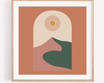 Boho Desert Sun Art Print, Minimalist Landscape (Digital Download)