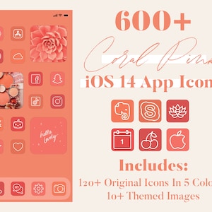 Pode incluir: Um conjunto de ícones de aplicativos iOS 14 rosa coral com mais de 600 ícones. A imagem mostra uma tela de telefone com vários ícones de aplicativos, incluindo mídia social e imagens temáticas. O texto inclui "600+ Coral Pink iOS 14 App Icons" e "Includes: 120+ Original Icons In 5 Colours".