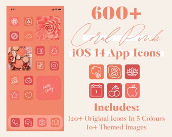 Paquete de iconos de aplicaciones iOS en color rosa coral, tema de widgets minimalista (descarga digital)