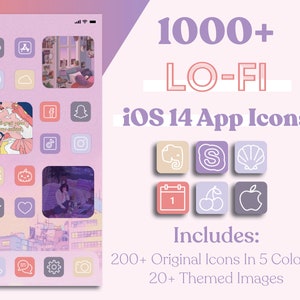 May include: A digital display of a phone screen featuring app icons in a pastel color scheme. The screen displays the text "1000+ LO-FI iOS 14 App Icons." The image includes over 200 original icons in 5 colors and 20 themed images.