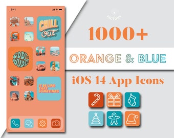 May include: A mockup of an iPhone screen displaying app icons in orange and blue. The screen shows various app icons with retro designs and text like "Chill Out" and "Good Dude." The image also includes the text "1000+ Orange & Blue iOS 14 App Icons."