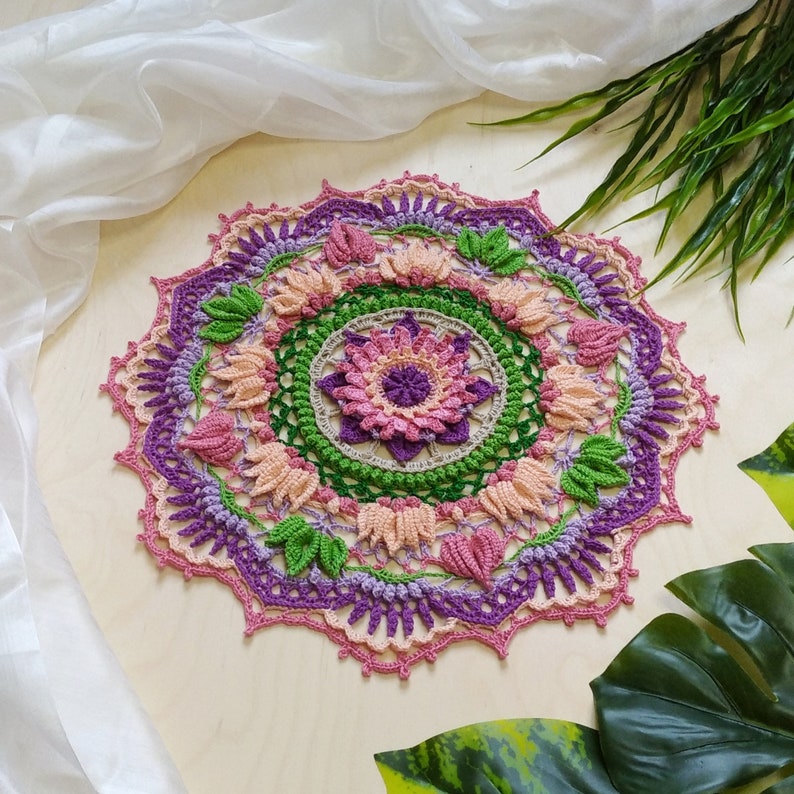 PDF crochet pattern Doily Eden Step by step crochet tutorial ENGRUS Written instruction with full photos and diagrams to each round