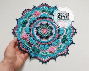 Doily Eden. PDF crochet pattern, Crochet mandala pattern, Color mandala doily. Written instruction with photos and diagrams. ENG/RUS