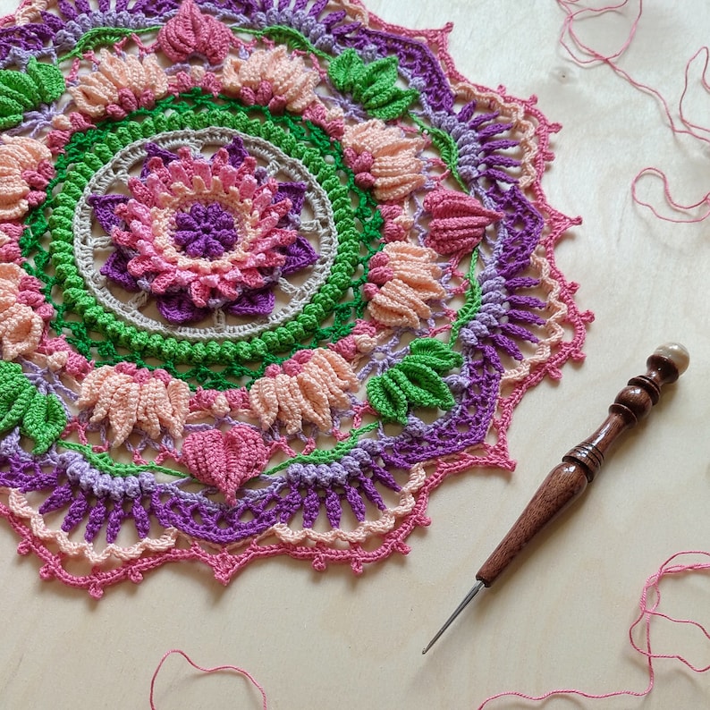 PDF crochet pattern Doily Eden Step by step crochet tutorial ENGRUS Written instruction with full photos and diagrams to each round