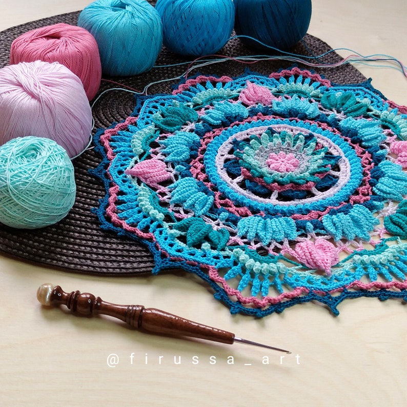 PDF crochet pattern Doily Eden Step by step crochet tutorial ENGRUS Written instruction with full photos and diagrams to each round