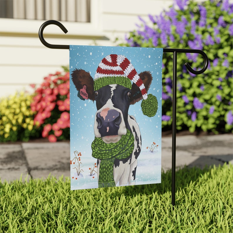 Holstein Cow Christmas Flag Wearing a red and green elf style stocking cap and scarf Add color and cheer to your yard this whole season image 2