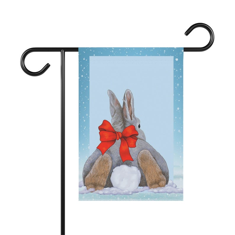 Bunny Wearing a Big Red Bow for the Holidays Bunny in the Snow Yard Flag Welcome Bunny Garden Banner Cute Holiday Flag for your home image 3