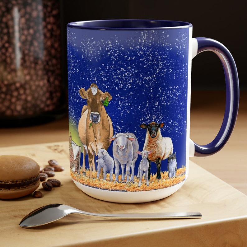 First Barnyard Christmas Mug Nativity Scene with Animals Christ Child Born in a Manger Shepherds Wise Men and Angels Bethlehem Star image 1