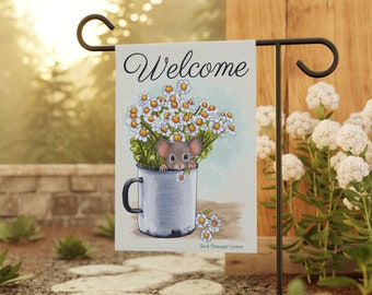 Daisy Garden Flag - Sweet Little Mouse in a Vintage Enamel Cup of Daisies - Welcome Greetings that Will Make Your Guests Smile - Yard Art