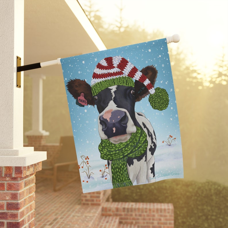 Holstein Cow Christmas Flag Wearing a red and green elf style stocking cap and scarf Add color and cheer to your yard this whole season image 4