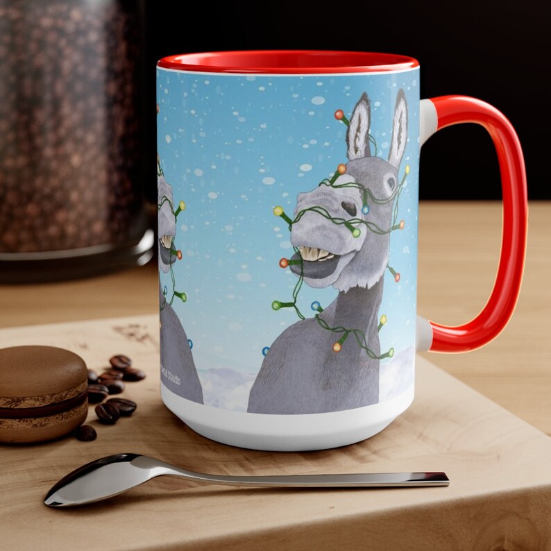 Sparkle and Shine Donkey with Holiday Lights Christmas Decorations Christmas Tree Lights Xmas Donkey Smiling Burro Cup 15 oz Mug image 1