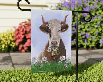 Sweet Cow in a Field of Spring Daisies - Cow with a Cowbell - Perfect Spring Garden Flag for the Cow Mom - Cutest Yard on the Block - Dairy