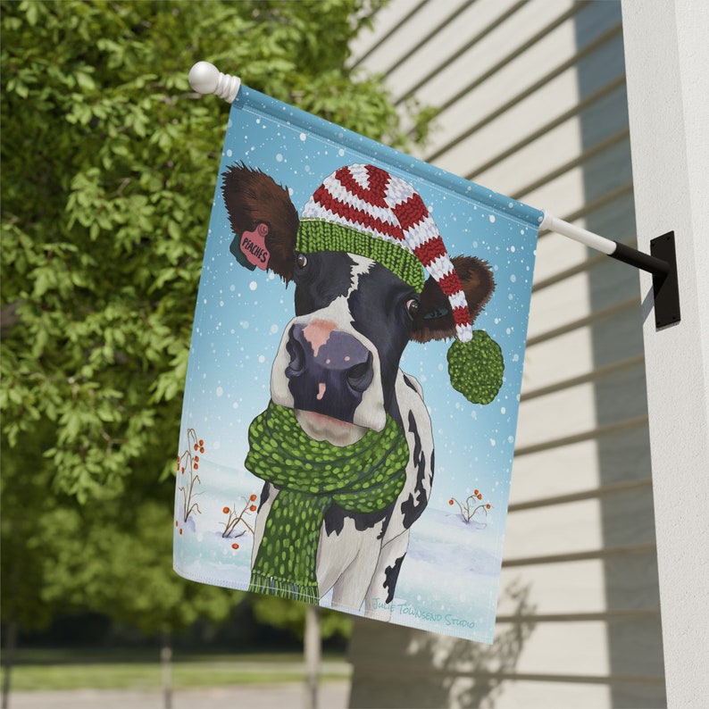 Holstein Cow Christmas Flag Wearing a red and green elf style stocking cap and scarf Add color and cheer to your yard this whole season image 5