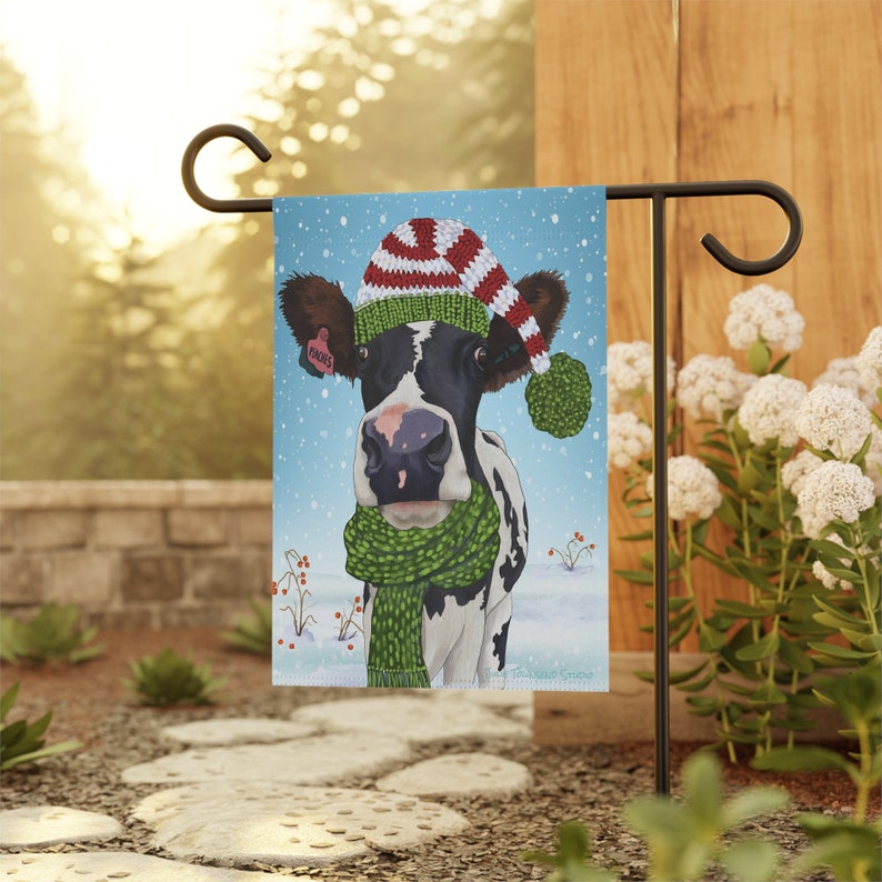 Holstein Cow Christmas Flag Wearing a red and green elf style stocking cap and scarf Add color and cheer to your yard this whole season image 1