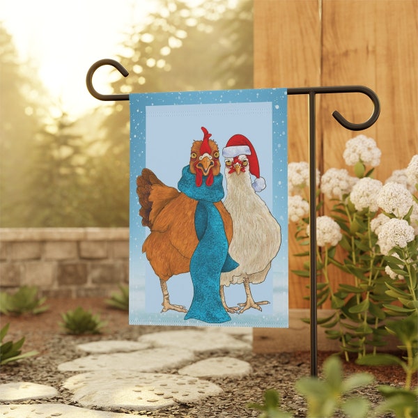Cute Chicken Holiday Garden Flag - Bright Up Your Yard with Two Merry Christmas Hens - Front Porch Banner - Add Humor and Color to Your Home