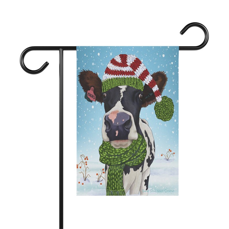 Holstein Cow Christmas Flag Wearing a red and green elf style stocking cap and scarf Add color and cheer to your yard this whole season image 3
