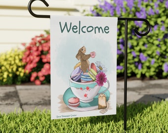 Mouse Morsels Banner or Garden Flag - Cute Mouse in a Tea Cup of French Macarons - Tea Party Banner for Your Yard - Bring Lots of Smiles